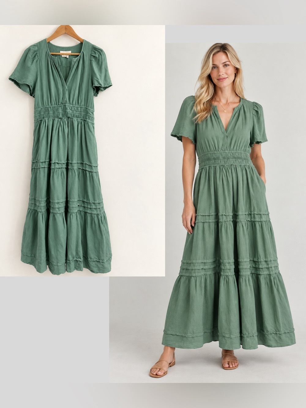 Sage Green Tiered V-Neck Maxi Dress
